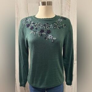 Vintage Beaded Floral Knit Sweater Green‎ Embroidered Pullover small
